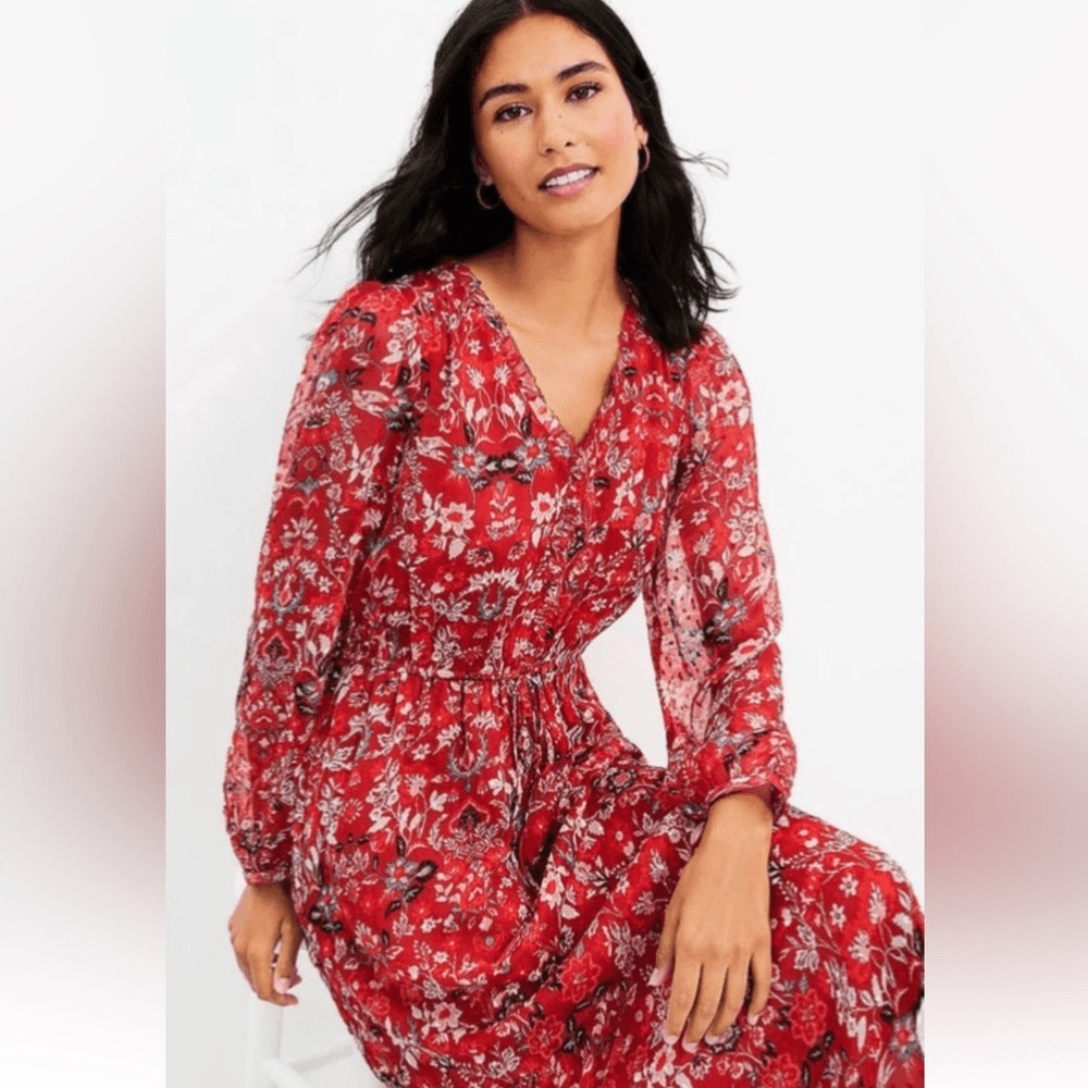 LOFT Red Floral Ruffle-Trim Button Blouse - Picture 9 of 12